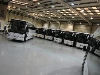 A line-up of Mercedes-Benz Tourismos at EvoBus UK. GARETH EVANS