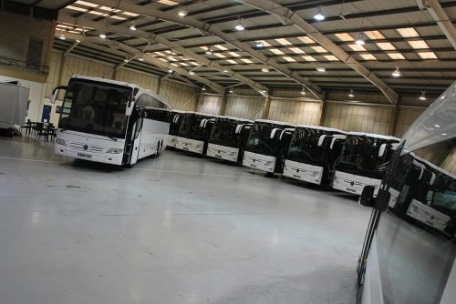 A line-up of Mercedes-Benz Tourismos at EvoBus UK. GARETH EVANS