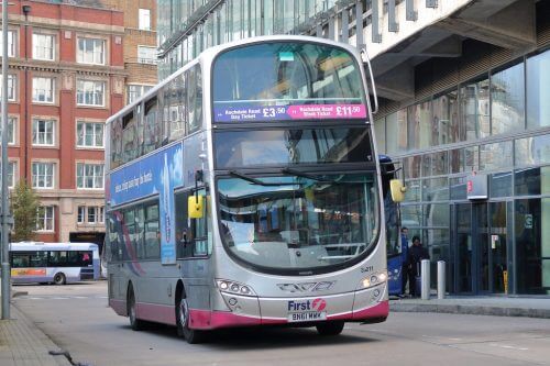 First Manchester Wright Eclipse Gemini 2-bodied Volvo B5LH, BN61MWK, passing through Manchester city centre.