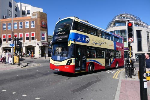 Brighton and Hove shone in the latest bus stats; Wrightbus StreetDeck SK17FLX 'Enid Bagnold' is pictured here at Churchill Square, Brighton. IAN SIMPSON