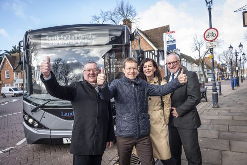 Cllr Bob Sleigh OBE, leader of the Solihull Council, Mayor of the West Midlands Andy Street, Kerry Swingler, Sustainable Travel Officer at Solihull Council and Danny Matthews Director of Business Development LandFlight