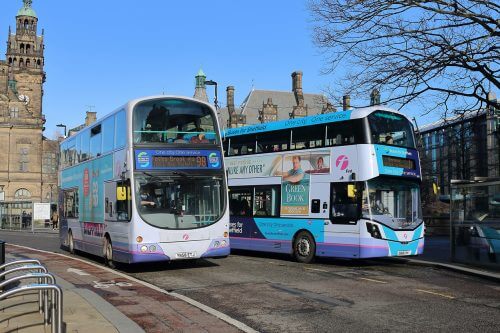 First South Yorkshire YN58ETJ and SN18XYH passing through Sheffield city centre. ANDY STOPPARD
