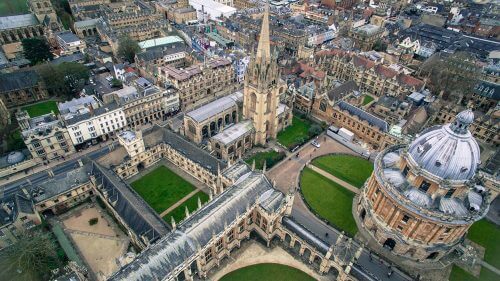 An aerial view of parts of the city’s famous university