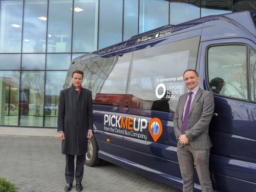 Piers Scrimshaw-Wright, Managing Director of The Oxford Science Park, and Oxford Bus Company MD Phil Southall with a PickMeUp Sprinter