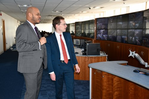 Mark Corbin (left), TfWM’s Key Route Network Manager and Mayor of the West Midlands Andy Street take a look at some of the trafficc monitoring technology that will be used in the Regional Transport Coordination Centre