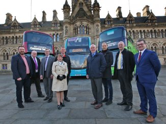 L-R Alex Hornby – Transdev, Andrew McGuiness – ABOWY, Barney Mynott – Federation of Small Businesses, Cllr Kim Groves – West Yorkshire Combined Authority, Cllr Martyn Bolt – Kirklees Council, Cllr Eric Firth – Kirklees Council, Cllr Daniel Sutherland – Calderdale Council, Paul Matthews – First and Dwayne Wells – Arriva