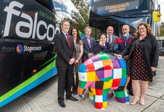 Bob Dennison, Managing Director for Stagecoach South West, Emma Couch, Account Executive of Elmer’s Big Parade, Adrian Carey, Project Manager of Elmer’s Big Parade, the Stagecoach South West team and Karen Hodder, Commercial Director for Stagecoach South West