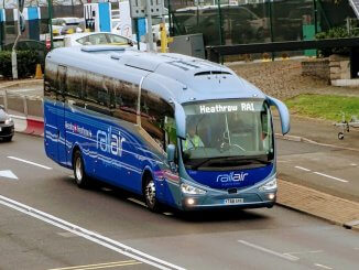 Irizar i6-bodied Scania K360EB4 23605 is seen approaching Heathrow Central bus station on the RA1 service from Reading. RICHARD SHARMAN