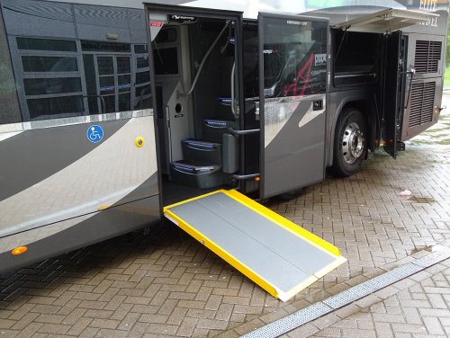 The wheelchair ramp can be used on both entry and exit doors and is stowed on the luggage door when not in use. RICHARD SHARMAN