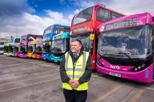 First Glasgow driver Jimmy Lillis with some of the vehicles