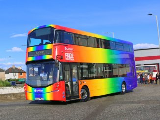 The Wright Eclipse Gemini 3-bodied Volvo B5LH in Pride Edinburgh livery. RICHARD WALTER