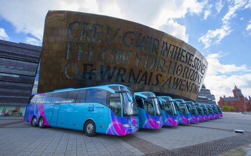 A row of Edwards’ Mercedes-Benz Tourismo coaches