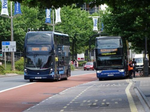 First West of England ADL Enviro400 MMC 33489 is seen operating a SevernExpress services whilst passing Stagecoach Red & White Van Hool 50253, which is also heading for South Wales. RICHARD SHARMAN