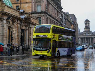 A First Glasgow ADL Enviro400 on Ingram Street, heading for Castlemilk on service 75. ROBERT DAVIDSON