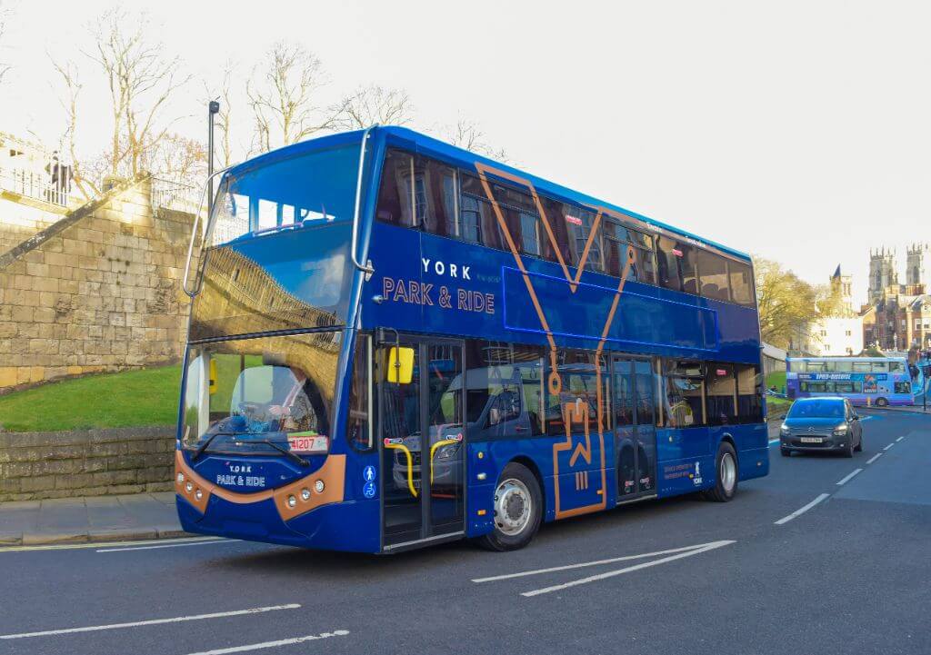 Optare’s Metrodecker EV has been the vehicle of choice for the York Park & Ride service, which first operates under contract to the City Council. FIRST YORK