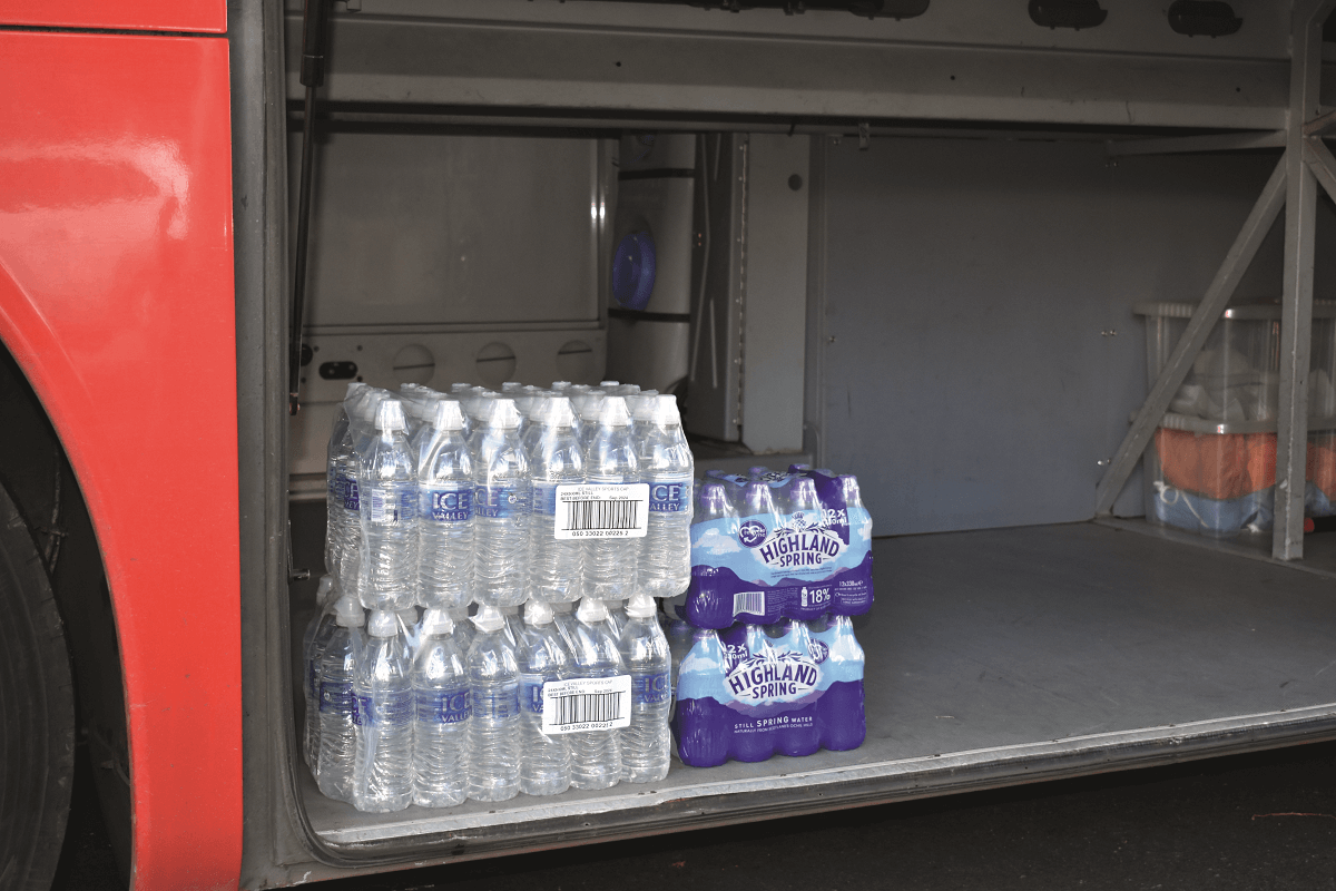 1. There is often plenty of water available for sale in plastic bottles on tour coaches. Alan Payling