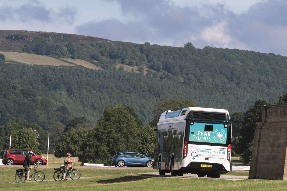 Image 1 A hydrogen bus is put through its paces on the Chatsworth Estate, Derbyshire. PEAK