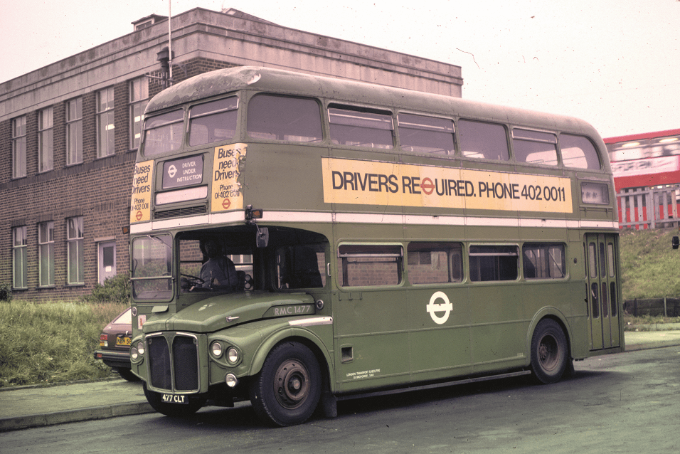 RMC 1477 at Cricklewood garage on 5 November 1980, flagged out not just as a training bus but as part of LT’s recruitment drive. DAVID JONES