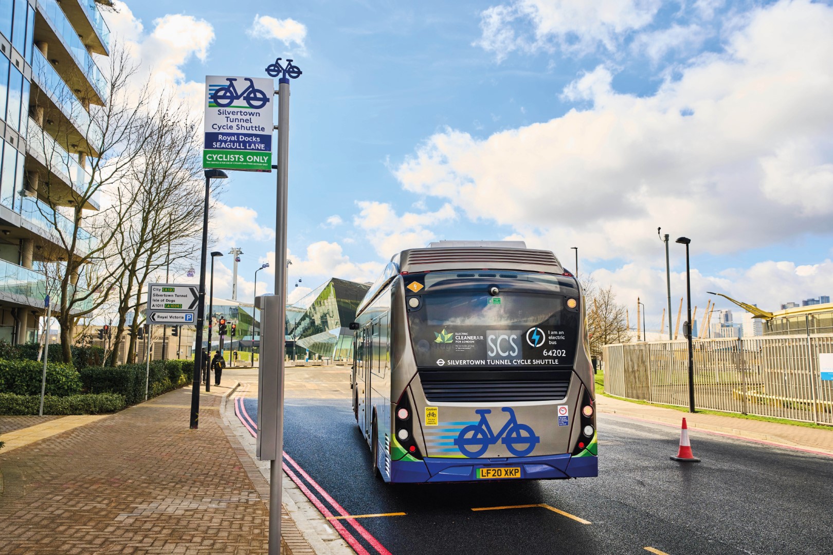 Silvertown Cycle Shuttle Bus Stop photo shoot in Canning Town, March 2025.